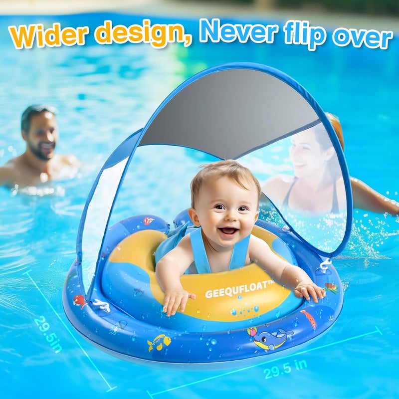 GEEQUFLOAT Baby Swimming Float,Anti-Rollover Design Toddler Pool Float,Extra Wide Baby Floaties 6-12 Months,Infant Pool Float and Removable UPF50+ Sun Protection Canopy,Adjustable Safety Seat,Toddler Floaties - Image 3